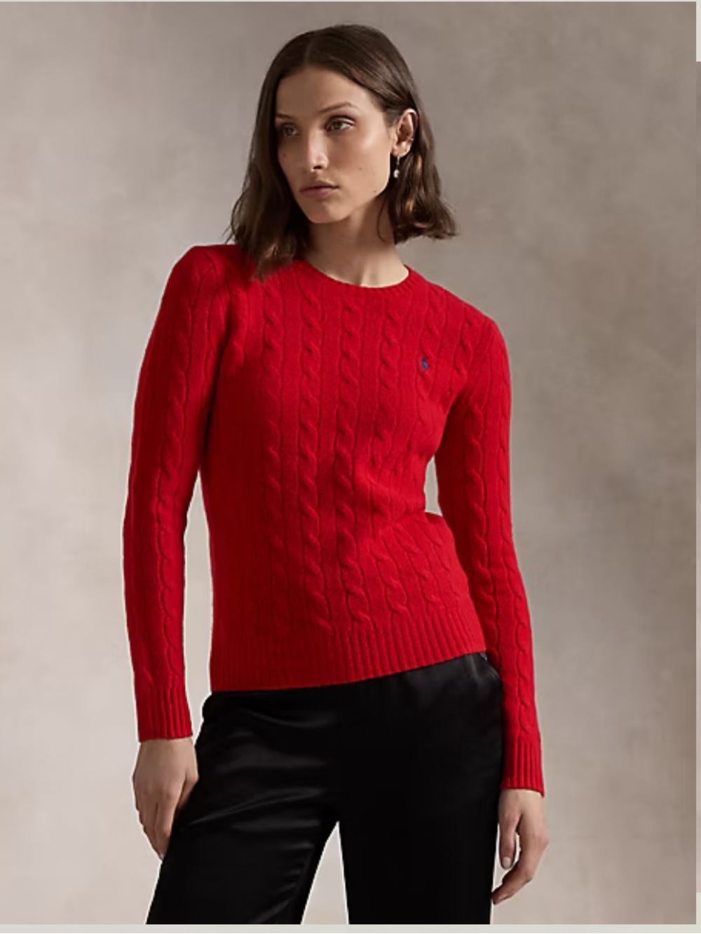 Ralph Lauren Cashmere Wool Blend Red Slim Cable-Knit Crew Sweater